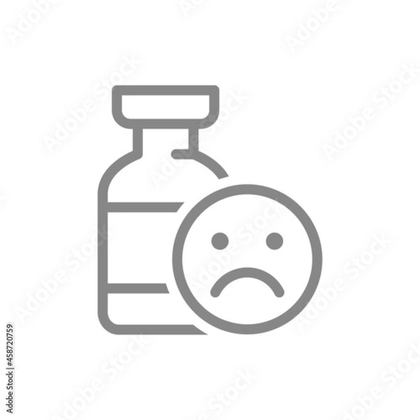 Fototapeta Medical ampoule and sad face line icon. Vaccination, vaccine evaluation, negative feedback symbol