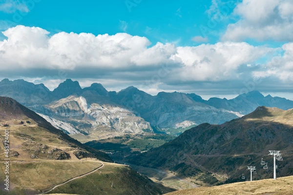 Fototapeta Astún ski resort seen in summer from the top of the slopes, with some of the highest peaks in the Spanish Pyrenees