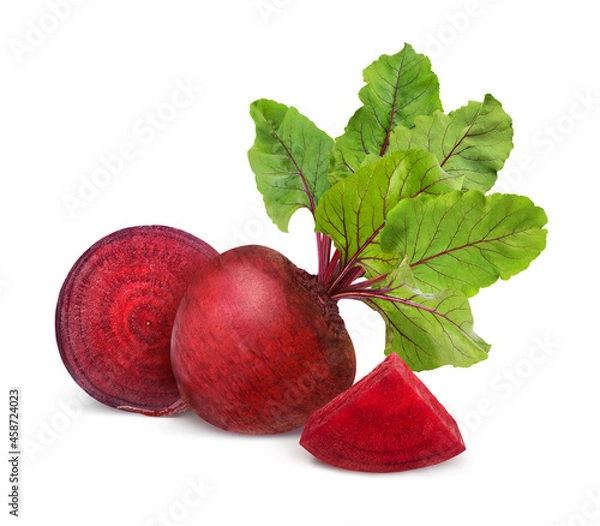 Fototapeta Beetroot with leaves, fresh whole_and sliced beet isolated on white background