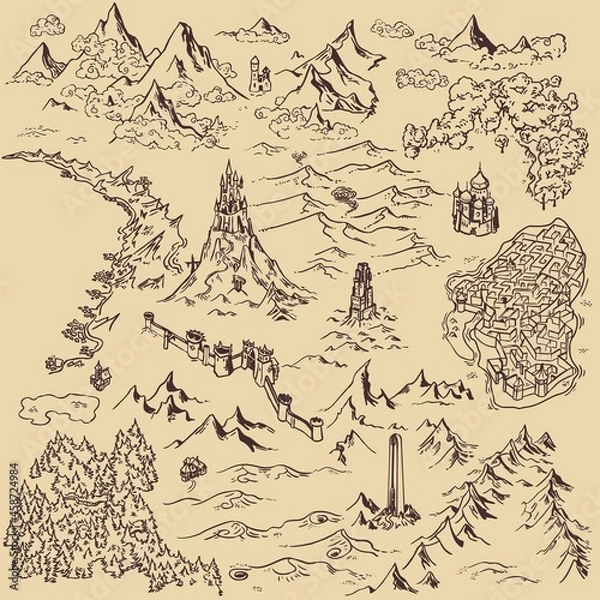 Obraz Line Art Draw proste ikona Fantasy Kingdom Map Elements