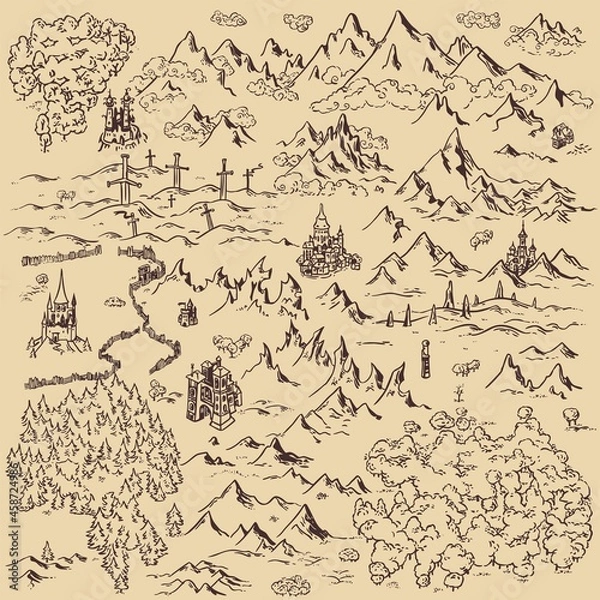 Obraz Line Art Let Rysuj proste ikony Elementy mapy Królestwa Fantasy