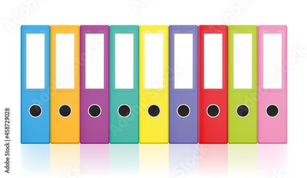 Obraz Colorful ring binders, colored blank leaf binder collection for happy office work and tidy filing. Isolated vector illustration on white background.
