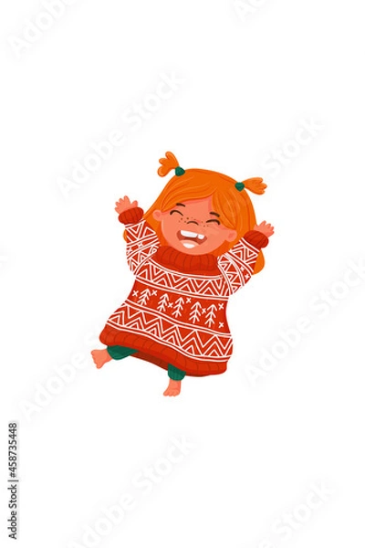Fototapeta Cute happy kid in ugly sweater dancing at the Christmas party. Little funny girl jumping in a colorful cozy jumper on Xmas day.