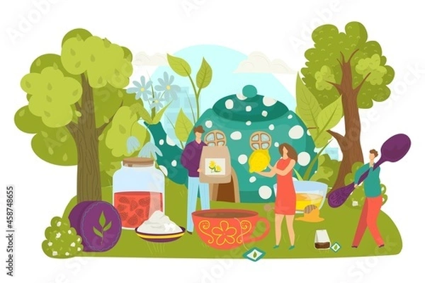 Obraz Tea drink for people, vector illustration. Tiny flat man woman character make hot beverage in cup, person hold spoon, teabag, lemon.