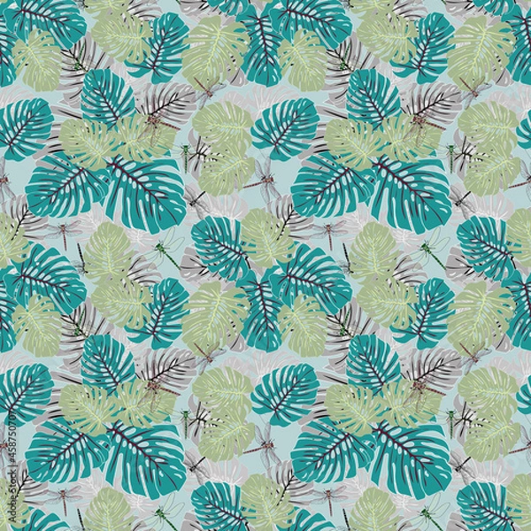 Fototapeta Variation2 Tropical Eden dragonfly seamless vector pattern 