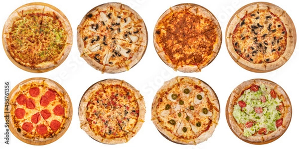 Fototapeta Set of eight different pizzas on white isolated background
