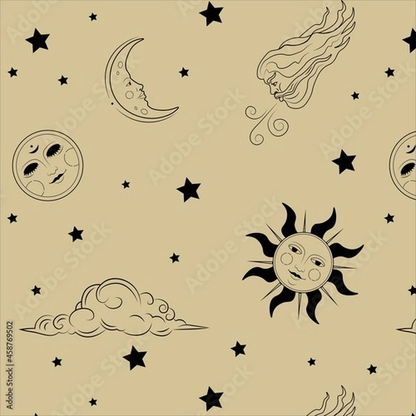 Obraz Vector pattern with vintage sun,moon and stars