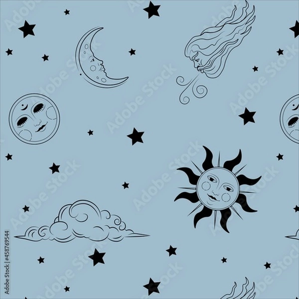 Obraz Vector pattern with vintage sun,moon and stars
