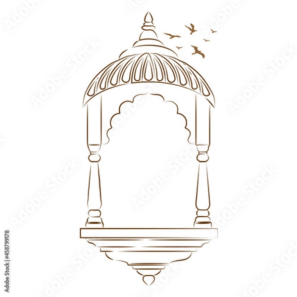 Fototapeta Jharokha vector illustration. Window architecture illustration. Jharokha with Bird's illustration. Line art arch illustration. Flying Bird's illustration. Rajasthani Jharokha vector. 