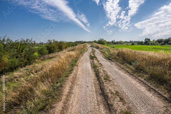 Obraz An uneven dirt road along a low dam among fields and meadows under a blue sky with white clouds. Manychskaya village, Rostov region, Russia