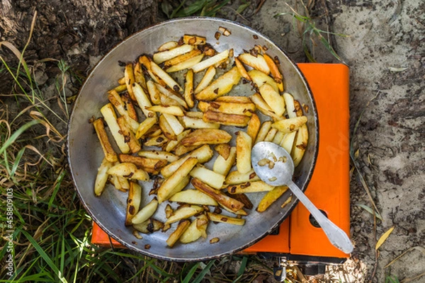 Obraz Brown potatoes with onions cooked on a camping gas stove