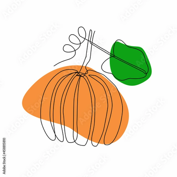 Obraz Continuous line art or One Line Drawing of pumpkin with leaf and with colored geometric shape. Vector illustration.