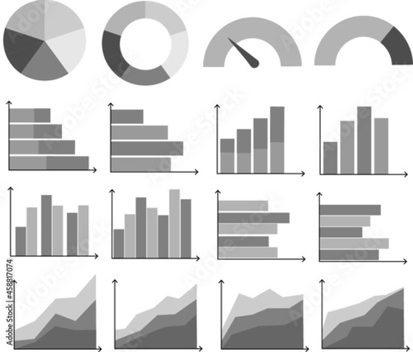 Fototapeta Grey scale vector of multiple business graphs and charts including bar and pie graphs. Finance, statistics, data. 