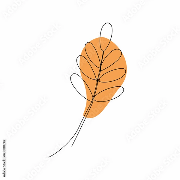 Obraz Continuous line art or One Line Drawing of leaf and with colored geometric shape. Vector illustration