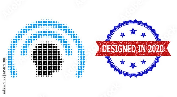 Fototapeta Halftone Psi waves icon, and bicolor unclean Designed in 2020 watermark. Halftone Psi waves icon is constructed with small spheric elements. Vector watermark with unclean bicolored style,