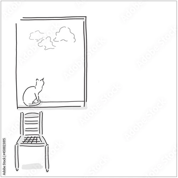 Obraz Simple vector illustration of a cat at the window. Editorial drawing of peaceful afternoon. 