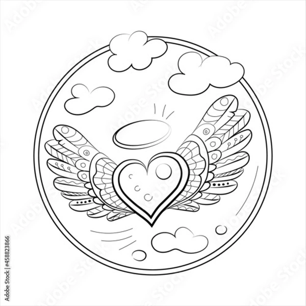 Fototapeta Doodle coloring book on the theme of soaring love, linear drawing of a heart with wings, a flying heart in the sky with clouds, feathers in the wings, drawing, blank for design.