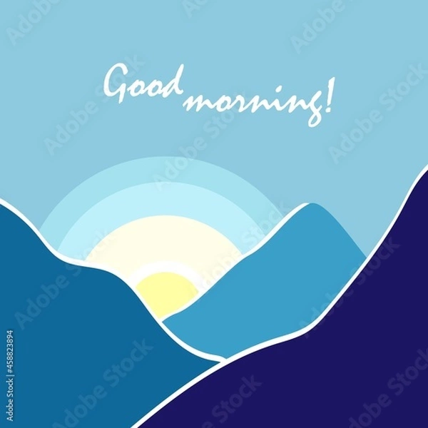 Fototapeta mountain landscape, sunrise in the mountains, good morning, sun and sunbeams in the sky behind a number of mountains, vacation in the mountains, look into the distance, design for a postcard