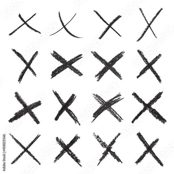 Fototapeta Crossing Lines. Collection Of 16 Handwritten X Marks (Line Through, Reject Signs, Etc.)  Scribbled in Chalk or Very Soft Pencil. Grunge Texture in Several Layers in the Vector Isolated on a White Back