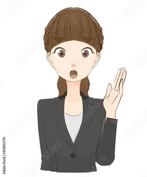 Fototapeta 困り顔で案内するスーツを着た女性