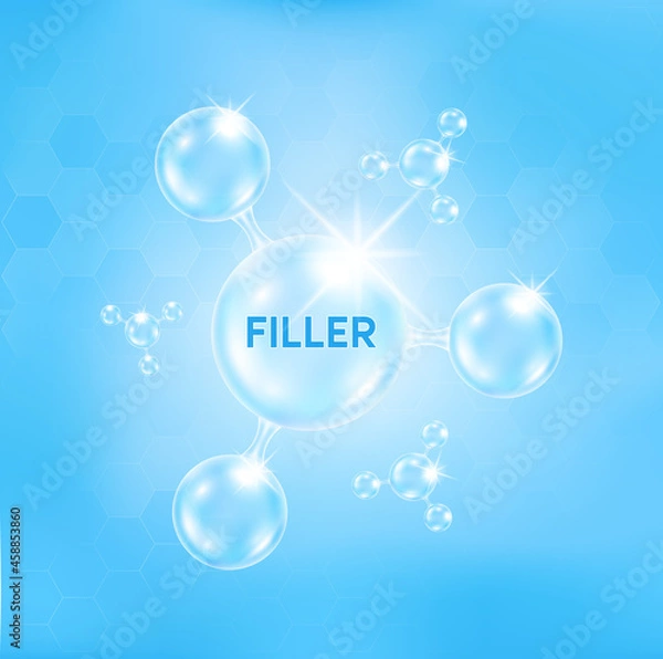 Fototapeta Filler, Botox in molecular form help reduce wrinkle dermal layer on skin face. Facial hyaluronic acid (HA-Filler) Medical and beauty concept. On a light blue background. Vector EPS10 illustration.