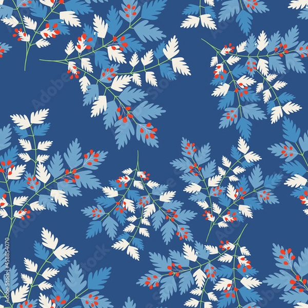 Fototapeta Dark Blue with red berries white and blue fern like leaves seamless pattern background design.