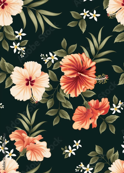 Fototapeta Seamless pattern of hibiscus flowers and palm leaf background template. Vector set of floral element for tropical print, wedding invitations, greeting card, brochure, banners and fashion design.