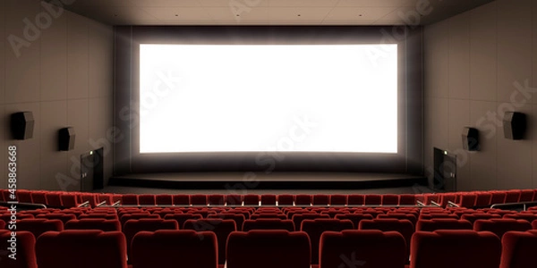 Fototapeta 赤い椅子の並んだ映画館と眩しく光るスクリーン / 3Dレンダリンググラフィックス / オープニング感・登場感・ティザー用背景素材
