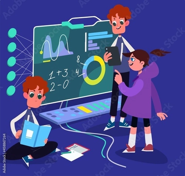 Fototapeta Vector illustration in flat style - online education concept people studying near big tablet pc with e-book and online course