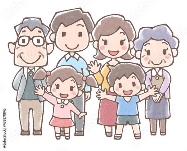 Fototapeta 三世代家族の全身集合イラスト水彩風