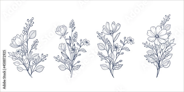 Fototapeta 花束のベクターイラスト.　花の装飾的なデザイン素材.　線画アート.