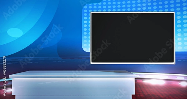 Obraz Virtual background with an empty monitor, ideal for tv news, shows or infomercials. A 3D illustration, suitable on VR tracking system sets, with green screen