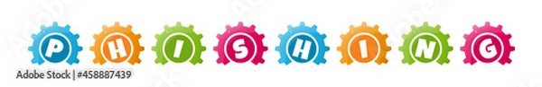 Fototapeta Phishing - text written inside colorful gears on white background