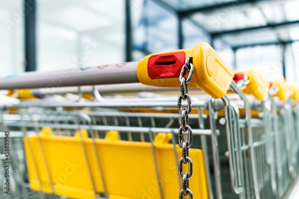 Fototapeta Shopping carts of a supermarket in a row, close up