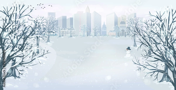 Fototapeta Panorama of the winter park and a view of the city. Landscape with trees in the snow, a snowman and city buildings on the horizon. Vector illustration with space for text.