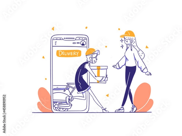 Obraz Online Shop Courier deliver item with motorcycle concept Illustration in Outline Hand Drawn Design Style