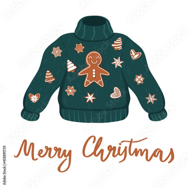 Fototapeta Vector bright green ugly sweater for Christmas party with gingerbread cookie, snowflakes, and fir-trees ornaments. Isolated with hand-drawn lettering with Xmas tacky jumper.
