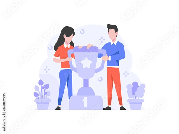 Obraz Business man and woman amazing have winner championship competition best and get trophy medal cup people character flat design style Vector Illustration 