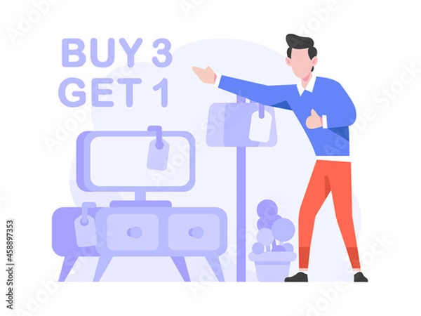Obraz Customer get house Promo Item Buy 3 Get 1 Online Marketplace Product Concept Flat Style Illustration