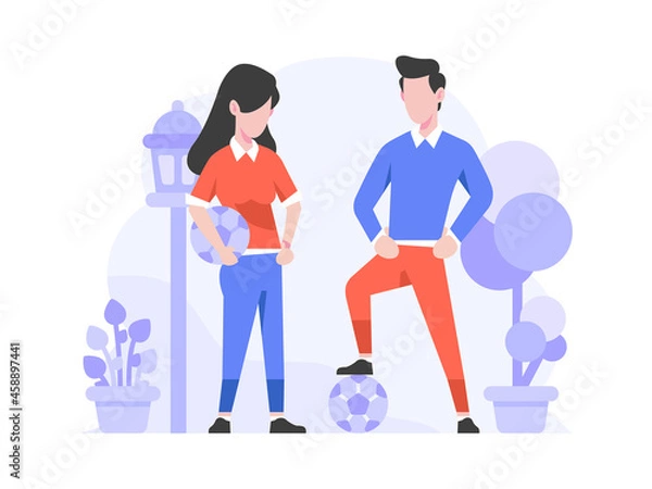 Obraz Online Shopping Ecommerce Sport category People play footbal Concept Flat Design Style Illustration