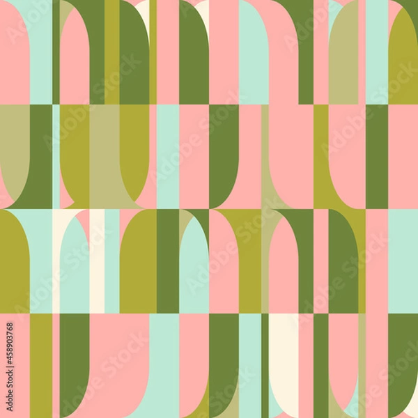 Fototapeta Mid-century geometric abstract vector seamless pattern with simple shapes and retro color palette. Simple composition for web design, branding, invitations, posters, textile and wallpaper.