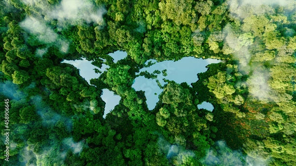 Fototapeta Jezioro w kształcie kontynentu świata w środku nietkniętej natury. Metafora podróży ekologicznych, ochrony, zmian klimatu, globalnego ocieplenia i kruchości natury.