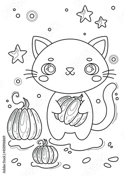 Obraz Coloring page with cat and pumpkins, hand-drawn vector illustration.