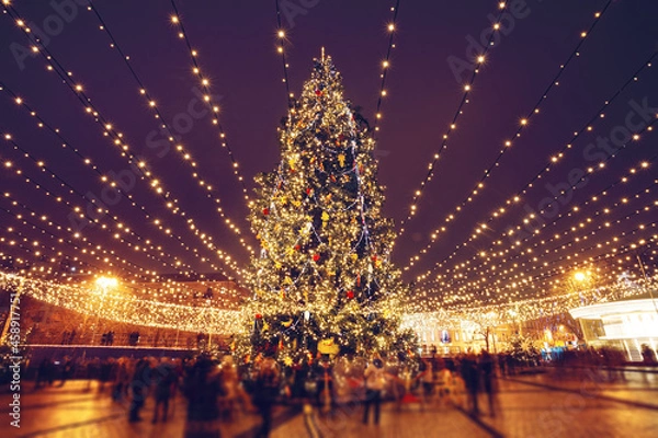 Fototapeta Christmas tree and lights at night on Sophia Square in Kyiv