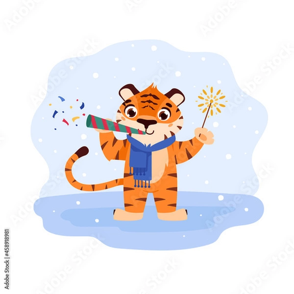 Fototapeta Cheerful tiger with confetti and sparkler. The symbol of the Chinese New Year. Cartoon animal. Eastern calendar for 2022. Chinese horoscope. Vector illustration.