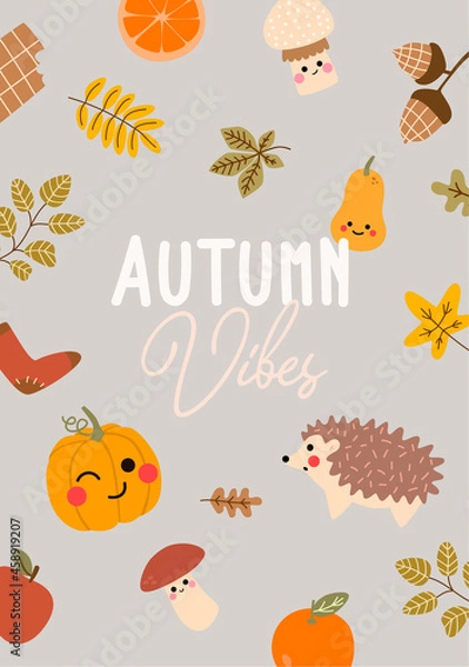 Fototapeta Autumn Vibes cute fall postcard. Greeting autumn mood card.