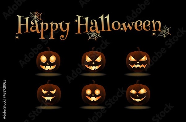 Obraz Set of Halloween pumpkins. Realistic pumpkin jack lantern. Halloween pumpkin set with slit eyes, mouth and nose. Happy Halloween lettering is decorated. Isolated pumpkins on a black background.