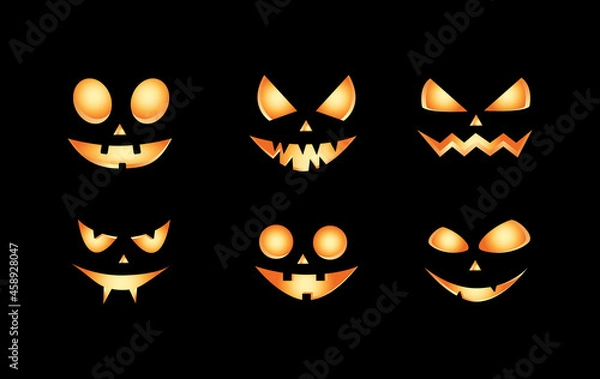 Obraz Jack lantern pumpkin faces glowing on black background. Halloween Pumpkin Faces. Vector