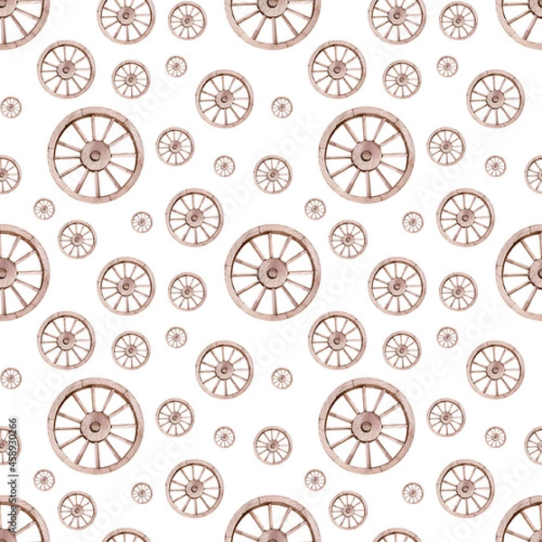 Obraz Watercolor seamless pattern of the vintage wooden wagon wheels. Hand-drawn transport background