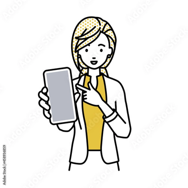 Fototapeta 立ってスマートフォンを指差してこちらに向けて見せているジャケットの女性